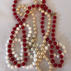 Three Strand Necklaces (faux pearl, red, and white)